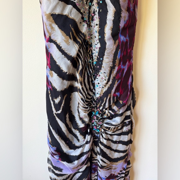 100% Silk Beaded and Rhinestones Zebra Print Halter Maxi Dress - Picture 4 of 9